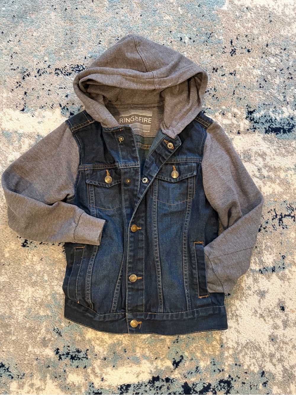 Kids' Rings of Fire Blue Denim Jacket with Gray Hooded Sleeves - size M